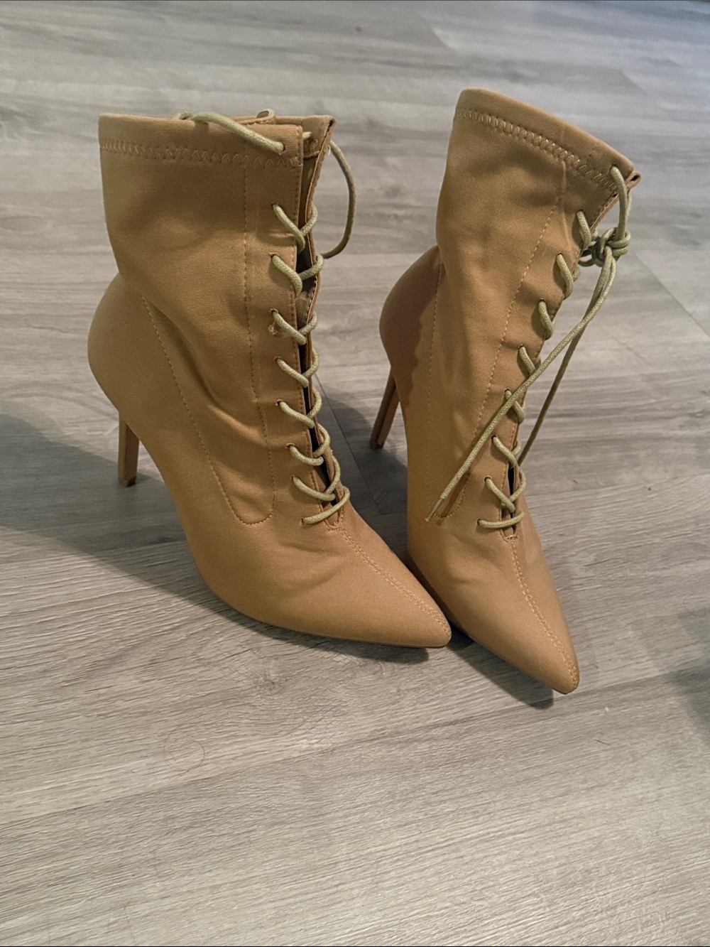 Fashion Nova Tan Lace-Up Pointed Stiletto Ankle Boots